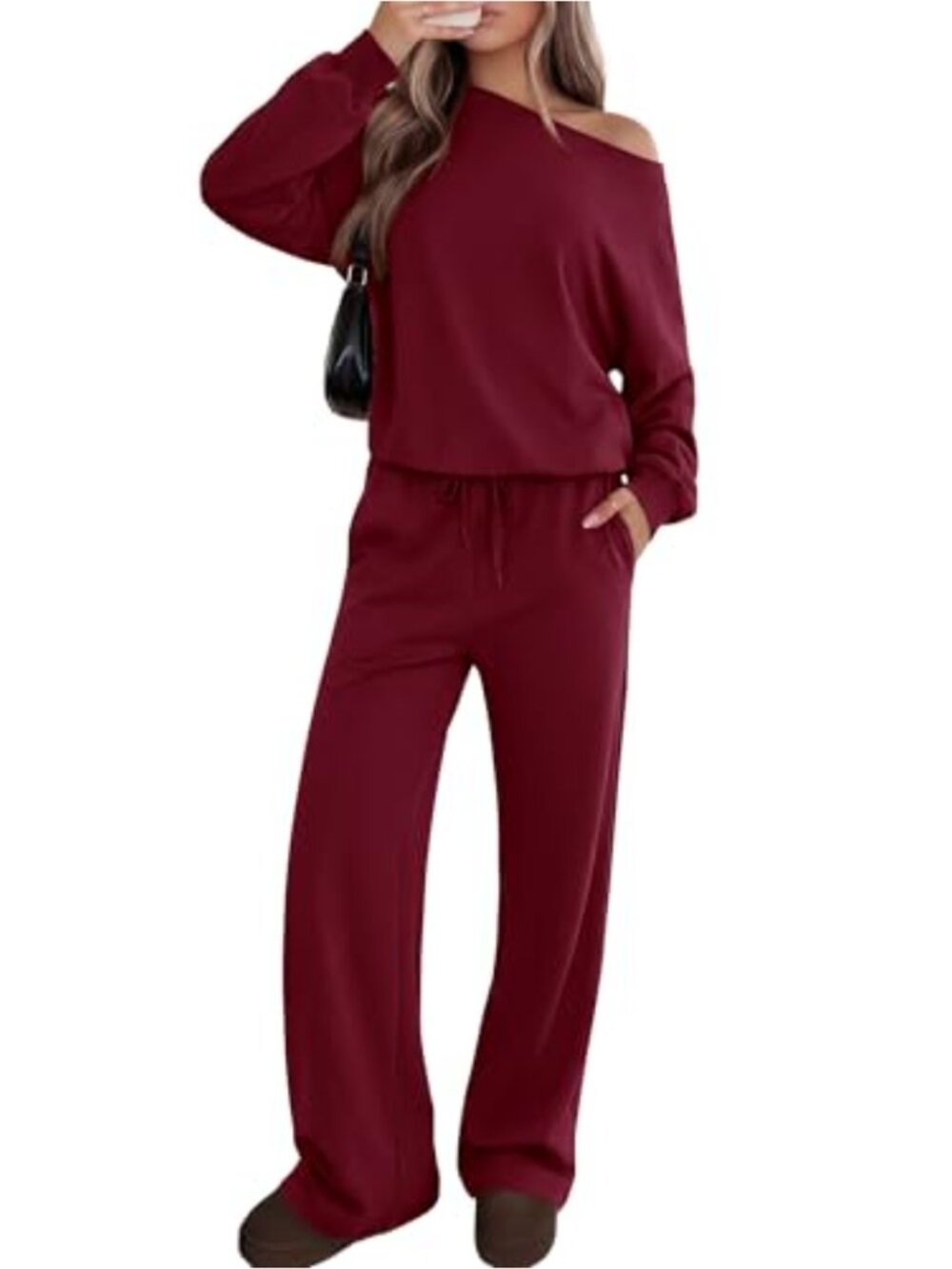 2 Piece Lounge Set Off Shoulder Sweatshirt Wide Leg Pants Knit